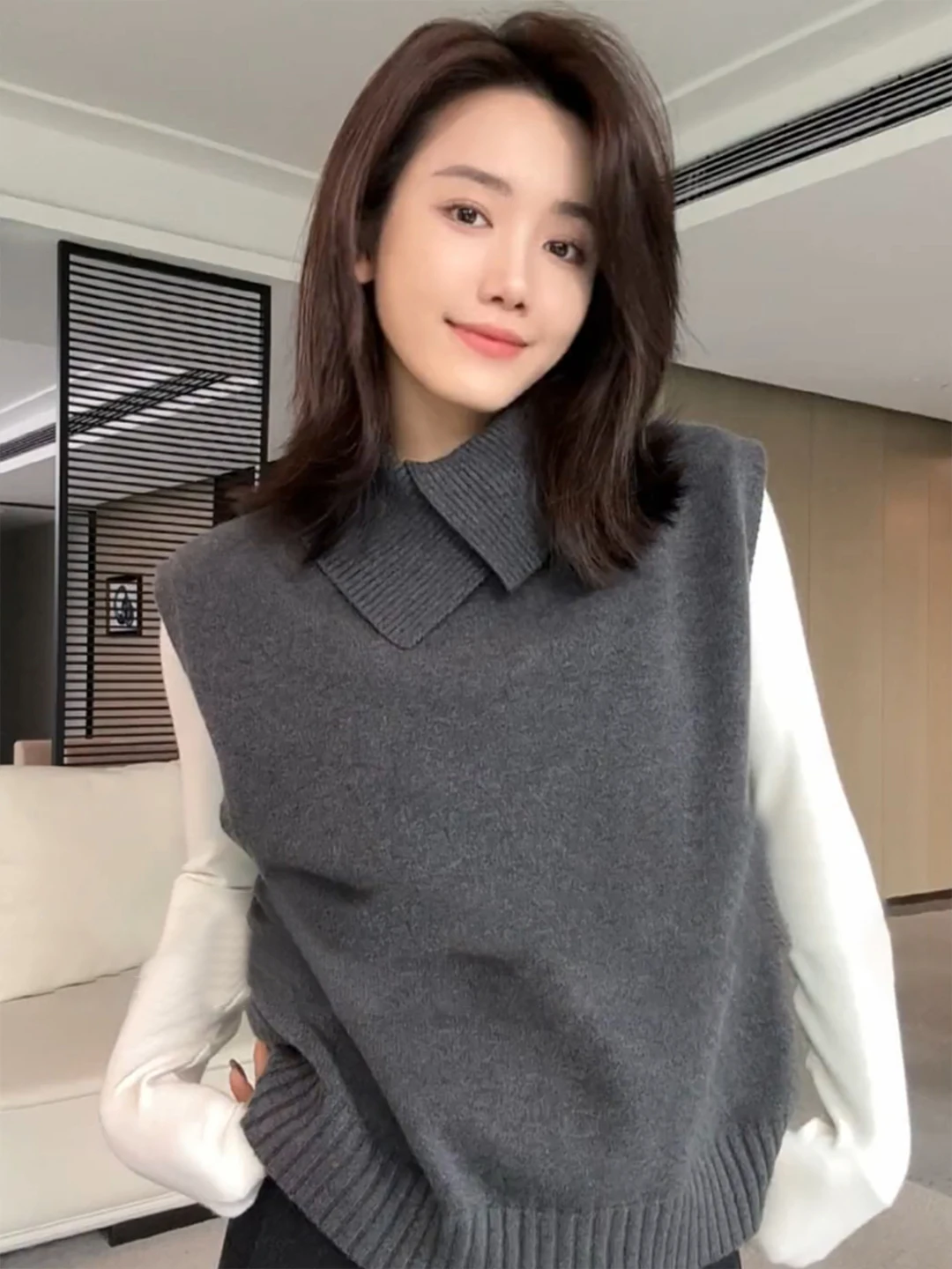 Thickened Knitted Sweater Vest Women's Outerwear Autumn Winter Lazy Style High Collar Sleeveless Base Shirt  Collar Pure ...