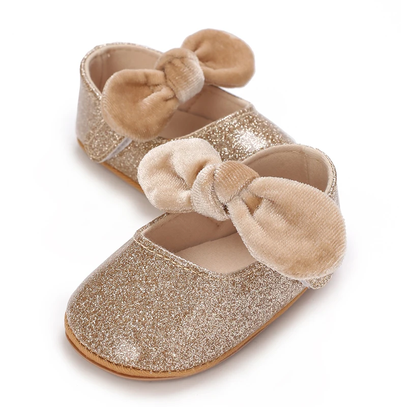 Baby Girls Premium PU Flats with Bowknot Princess Wedding Dress Shoes Non-Slip Toddler First Walkers Newborn Crib Shoes