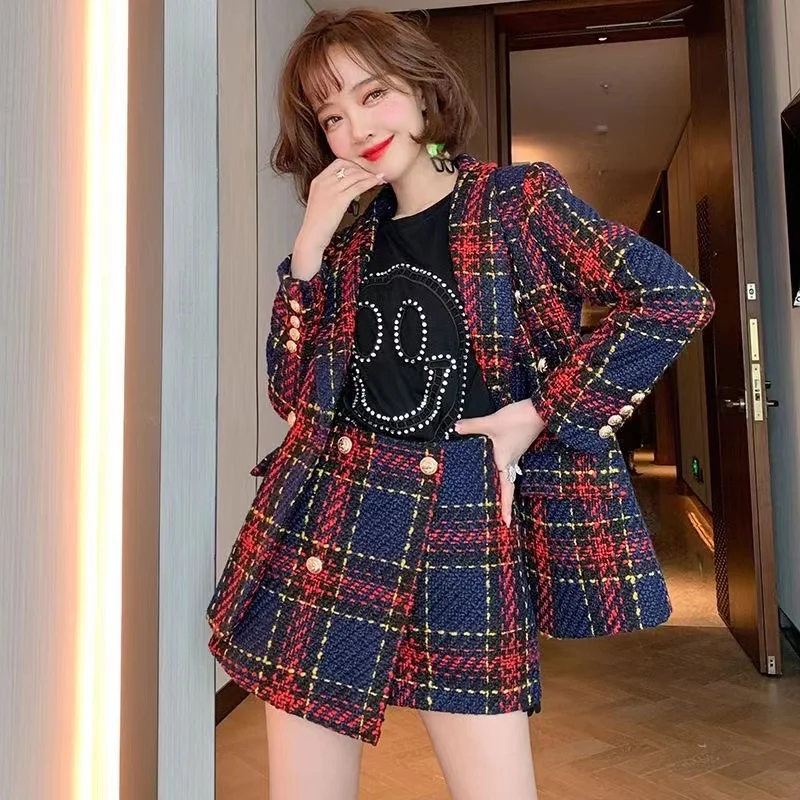 

Women 2023 Winter Fashion Tweed Y2K Suit Noted Jacke Coat And Skirt Short Two Piece Set Outfit Female Work Party Plaid Clothing