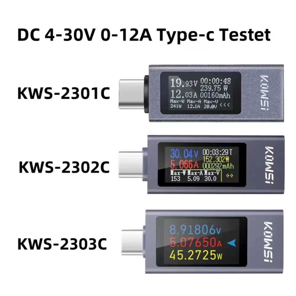 Type-C Multi-function Digital Display DC Voltage Ammeter Power Meter DC 4-30V 12A Voltmeter Ammeter Charger Capacity Tester