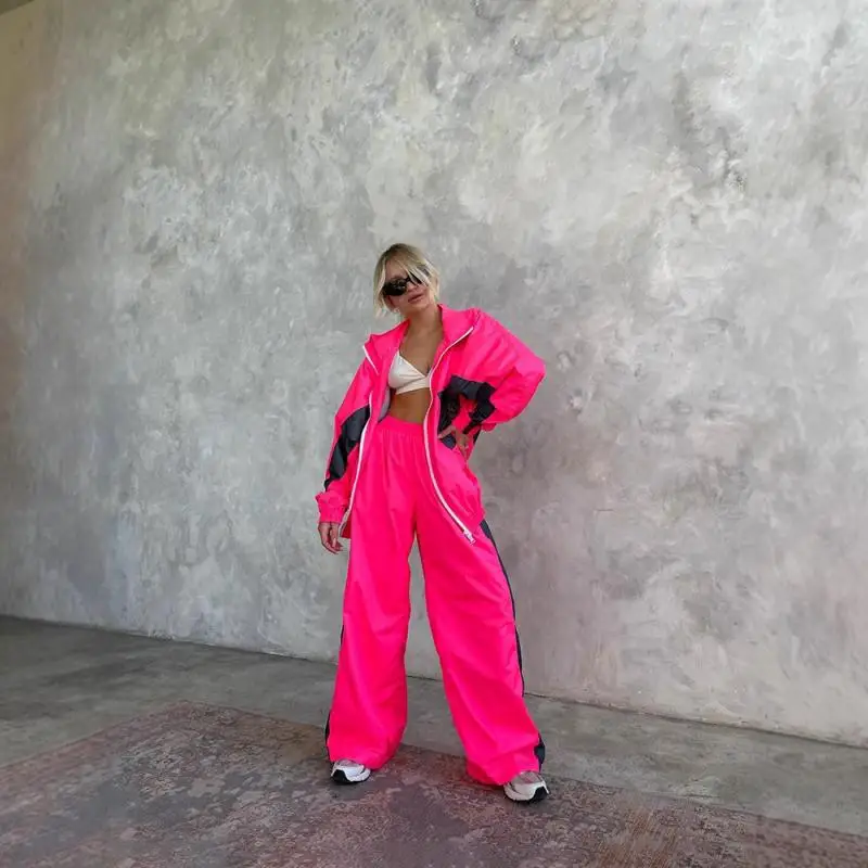 

European and American women's casual suit fashionable loose color blocked long sleeved pants sports suit