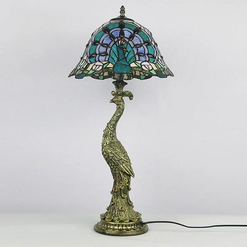 Tiffany Peacock Table Lights Led Bedside for Living Room Bedroom Desk Lamp Stained Glass Lighting Fixtures Luminarias Decoraton