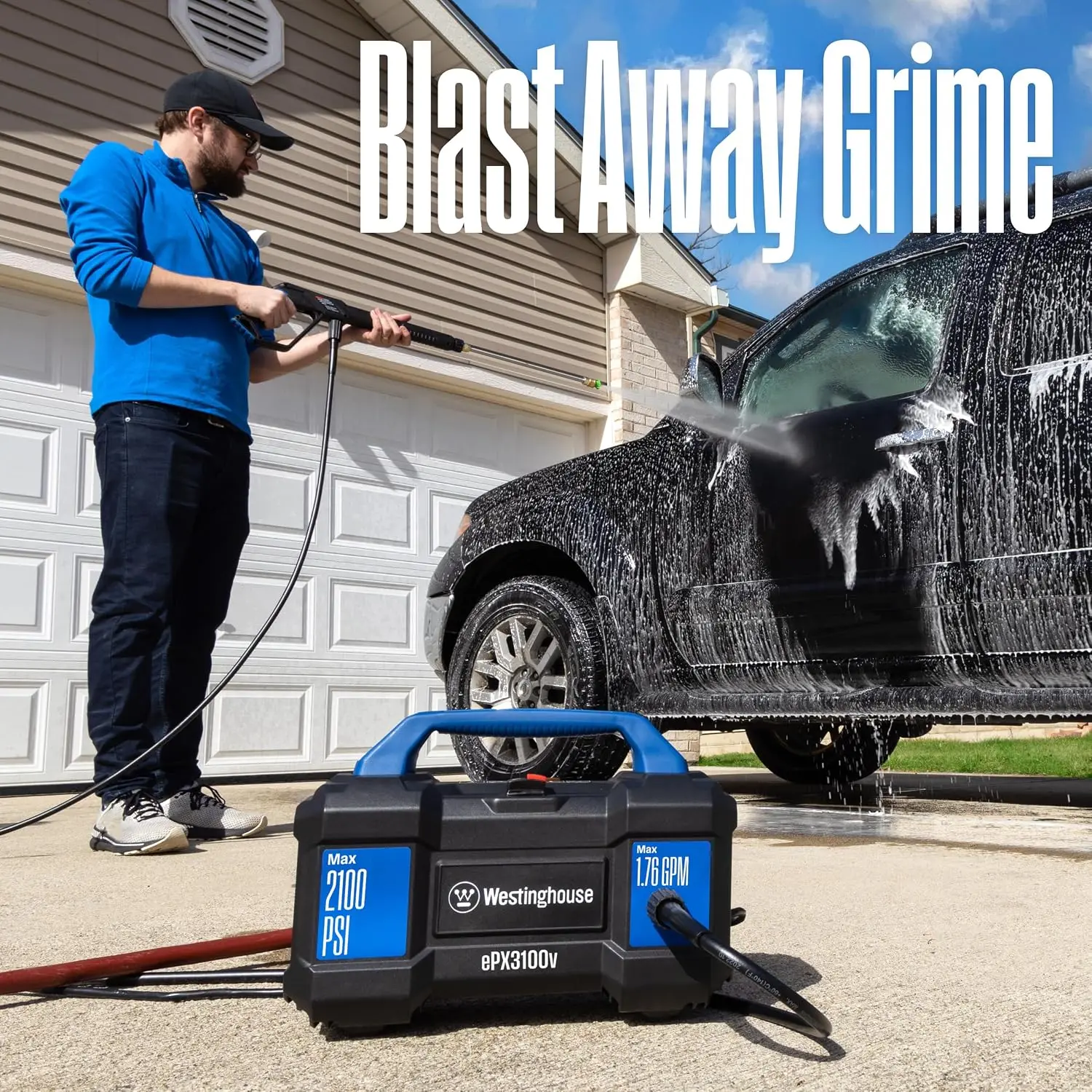 Electric Pressure Washer 2100 Max PSI 176 Max GPM Built In Carry Handle Detachable Foam Cannon Pro Style Steel Wand 3 Nozzle Set