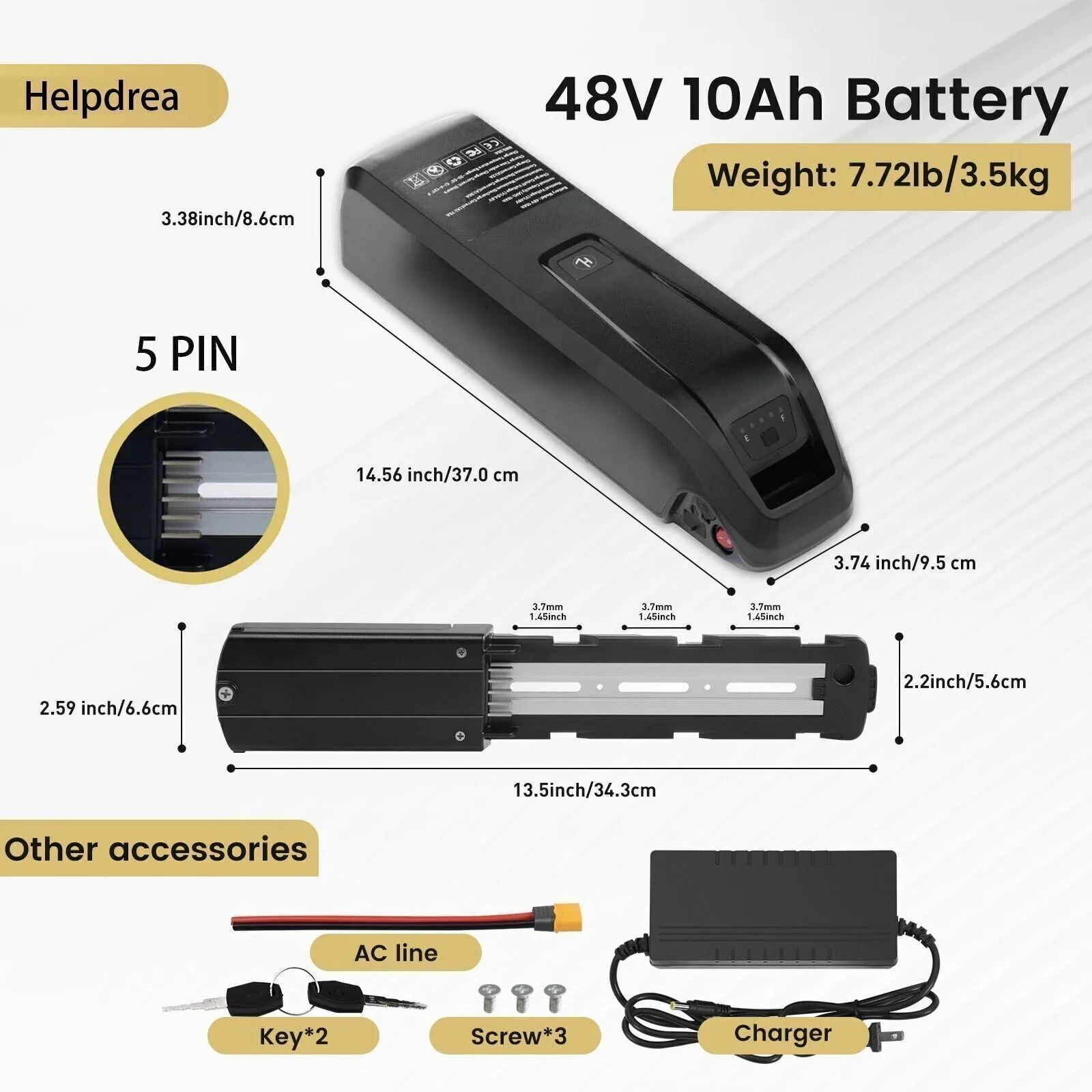 New 48V 10Ah 5-Pins Rechargeable Lithium-ion Battery Pack High Quality for Bafang 250W 500W 1000W Motor Hailong  Bike