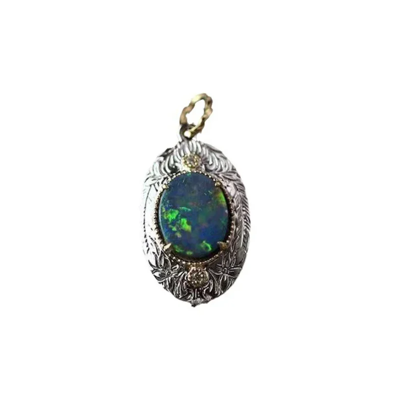 

*Colored Opal Necklace Exquisitely Carved Flower Pendant Vintage 925 Silver Inlaid Elegant High Quality Fashion Wedding Jewelry