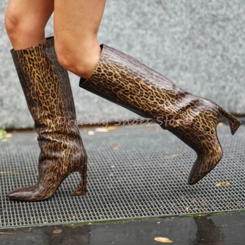 

Leopard Print Strange Style Pointed Knee High Boots Women Solid Leather Slip On Long Boots Fashion Trendy Party Catwalk Shoes