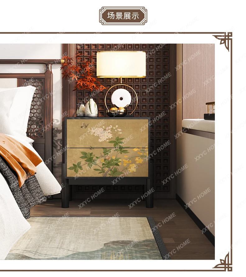 X-S New Chinese retro flower solid wood bedside table bedroom small bedside HG