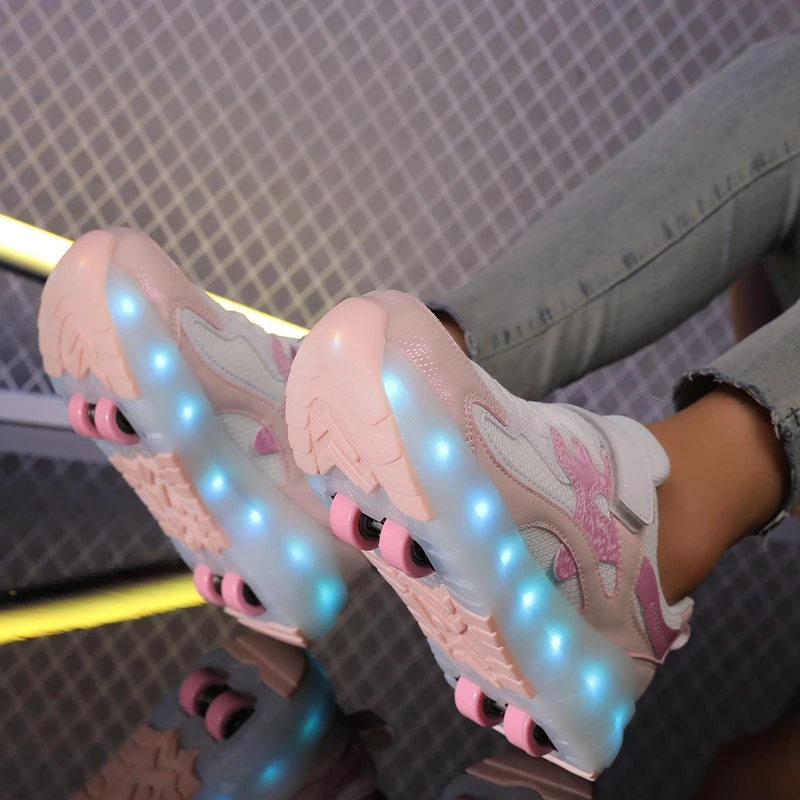 Children Glowing Ice Roller Skates Shoes Student 4-wheels Outdoor Detachable Sport Deformation Parkour Runaway Boys Girls Gift