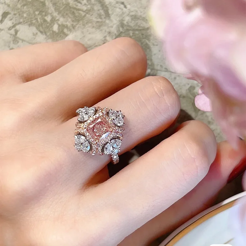 925 Sterling Silver Fashionable High-End Pink Diamond Ring Necklace Women'S Two-Piece Set Full Diamond Collarbone Chain Jewelry