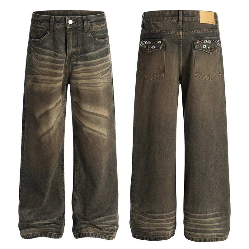

Back Button Decoration Men's Jeans Washing Contrast Color Niche Design Mud-dying Loose Straight Leg Male Denim Pants