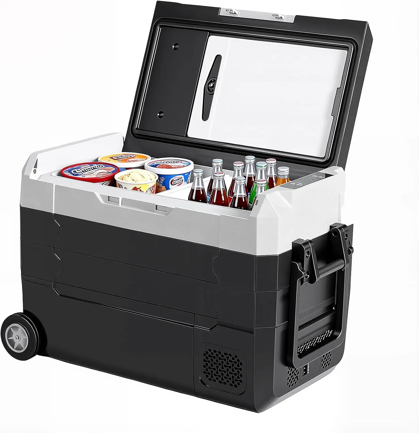 Geladeira portátil para carro de zona dupla 42QT com controle Bluetooth, rodas e placa de corte para viagens e acampamento