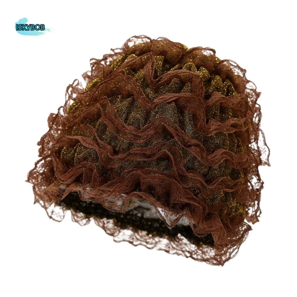 

Soft Beauty Lace Curling Hat Breathable Polyester Elastic Curly Hair Hat Brimless Beanie Solid Color Elderly Beauty Cap Headgear