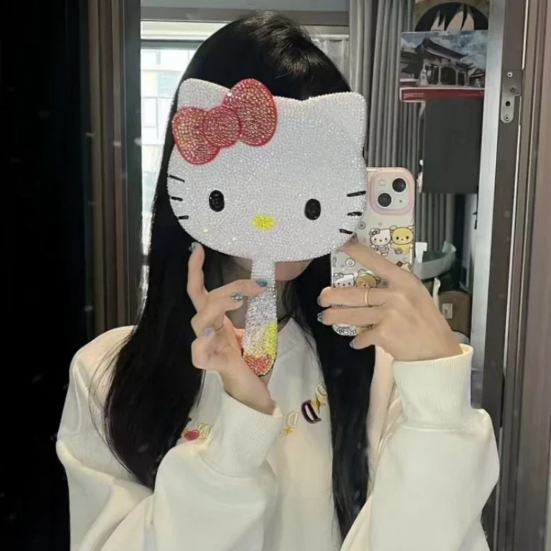 Cute Hello Kitty mirror Tiotik Internet celebrity popular handheld makeup mirror girl DIY diamond-encrusted handle mirror gift