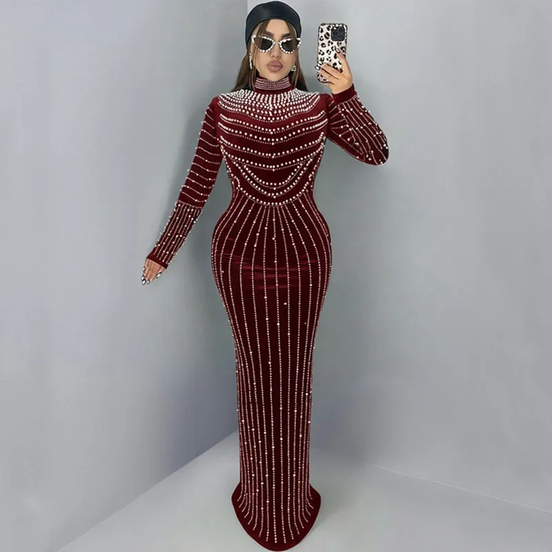 Doyerl Sparkly Pearls Rhinestone Evening Dresses Women Luxury Celebrity Diamonds Velvet Elegant Night Club Party Prom Dress Robe