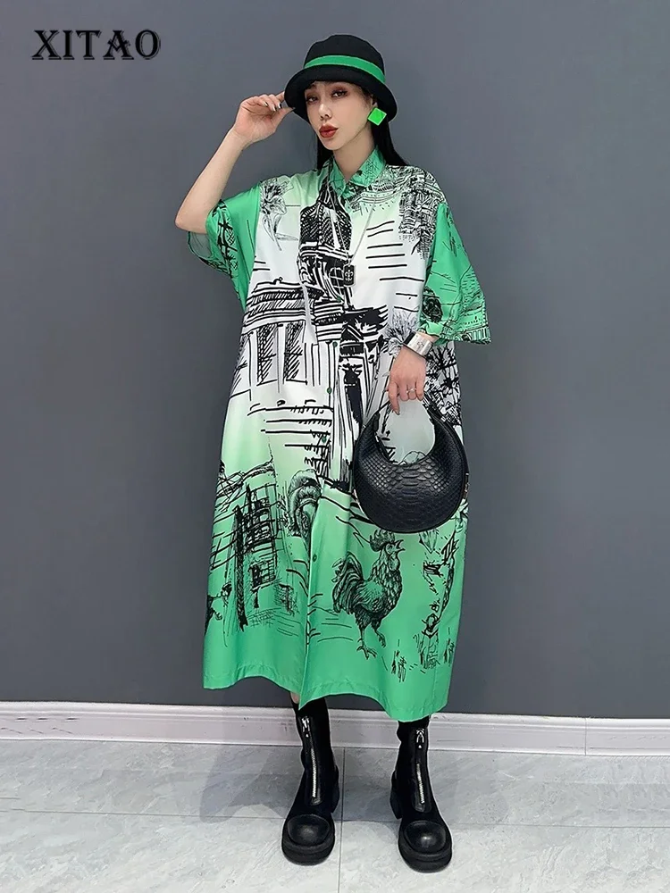 

XITAO Print Single Breasted Turn-down Collar Dresses Pocket Patchwork Loose Mid-calf Fashion Shirt Dress 2025 Summer New ZY8778