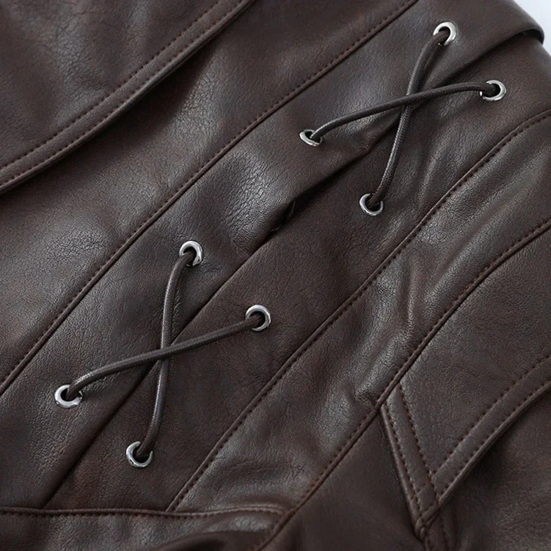 Winter New Items Fashion Retro Versatile Faux Leather Belt Short Jackets V-neck Lace-up Coats Female Trendy