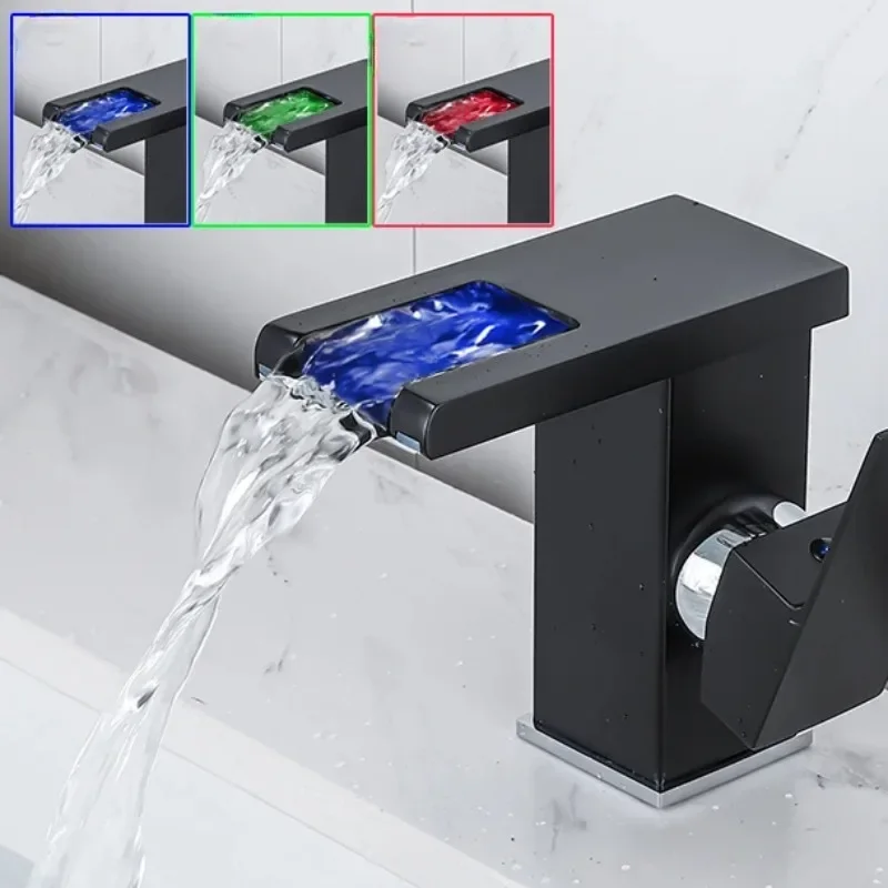 LED Waterfall Basin Faucet Single Handle Temperature Sensitive Mixer Contemporary Bathroom Wash Tap LED Display Basin