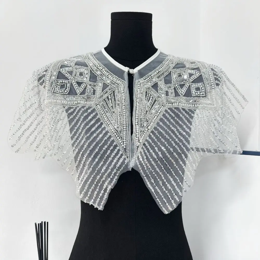 Vintage Style Sequin Tulle Capelet Delicate Beaded Mesh Shawl For Wedding Party Dress Decorative Shoulder Accessory