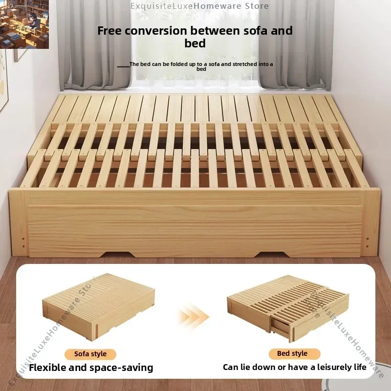 Solid wood sofa bed simple living room small apartment log wind multi-functional one-piece dual-purpose telescopic folding