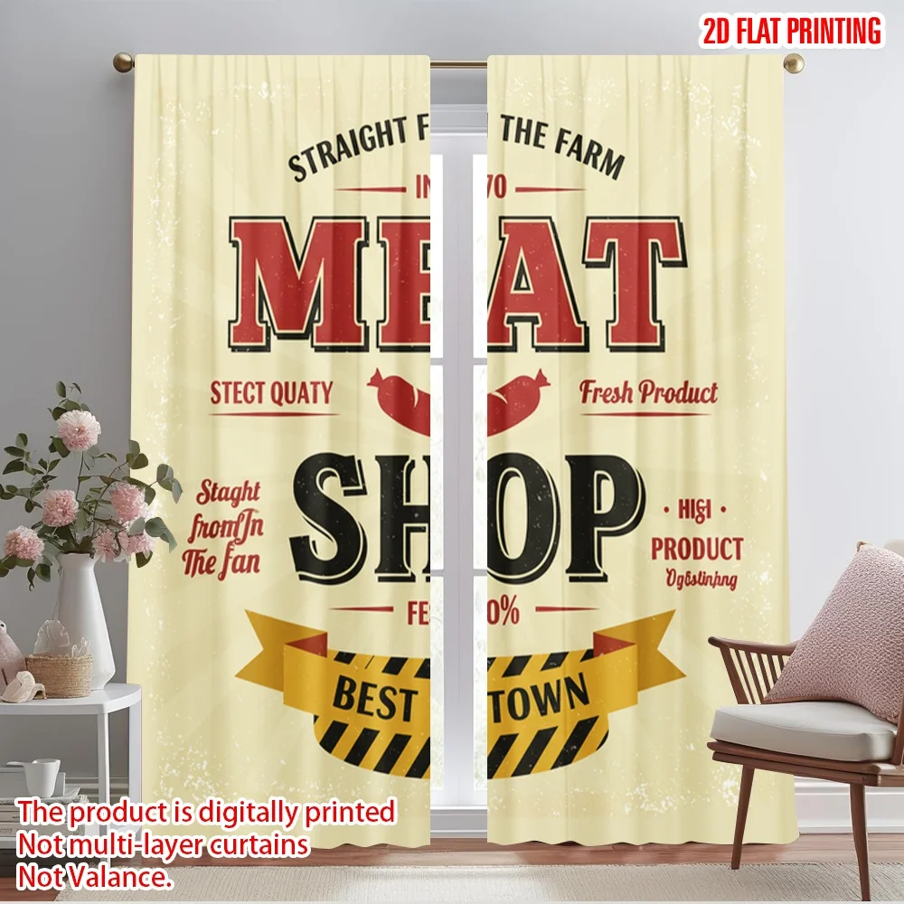 

2pcs 2D flat printing Window Drapes Farm Fresh Meat Shop Quality Polyester Without Electricity Family Party Use for New Year and
