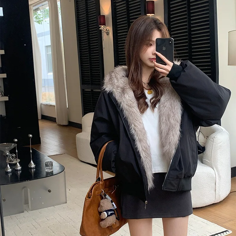 

Women Shearling Parkas Coats Solid Jackets Hooded Zipper Pocket Long Sleeves Thick Loose Office Lady Casual 2025 Autumn Winter