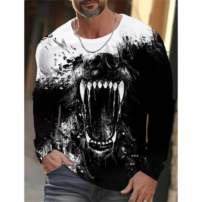 3D Printed Wolf Eagle Snake T Shirt For Men Cool Animal Pattern Tee Spring Autumn Long Sleeves O-Neck Tops Loose Street T-Shirts