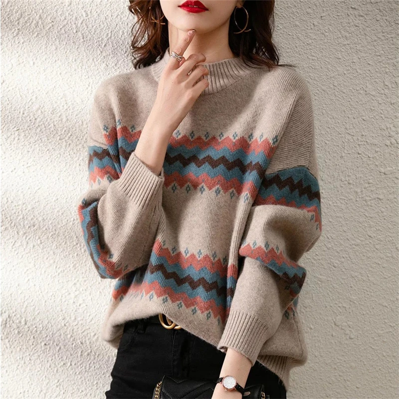 Autumn Winter Women\'s Vintage Striped Jacquard Pullover Knitted Sweater Casual Simple O Neck Loose Long Sleeve Top Female Jumper