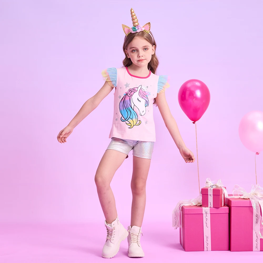 DXTON Children Summer Clothing Sets Girl Shorts Sleeve T-shirts + Casual Pants Sets Unicorn Kids Tops Pants Toddlers 2pcs Suits