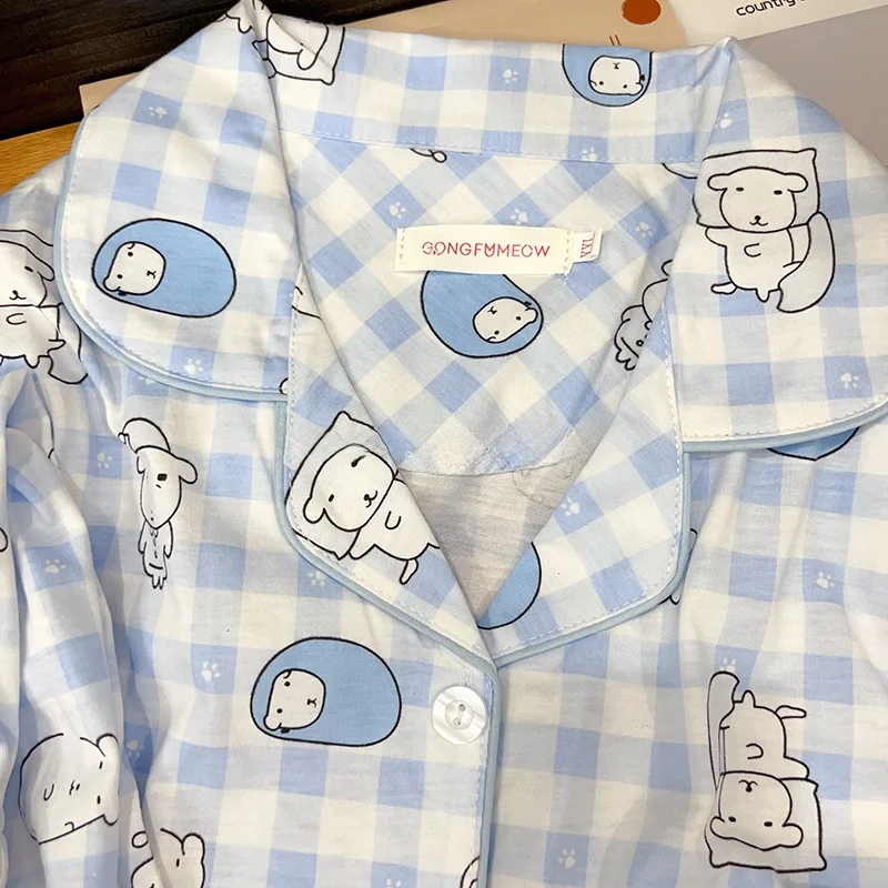 Cute Little Dog Plaid Sleepwear Women's Cotton Short Sleeve Home Clothes Set Summer Pure Cotton Student Home Uniforms