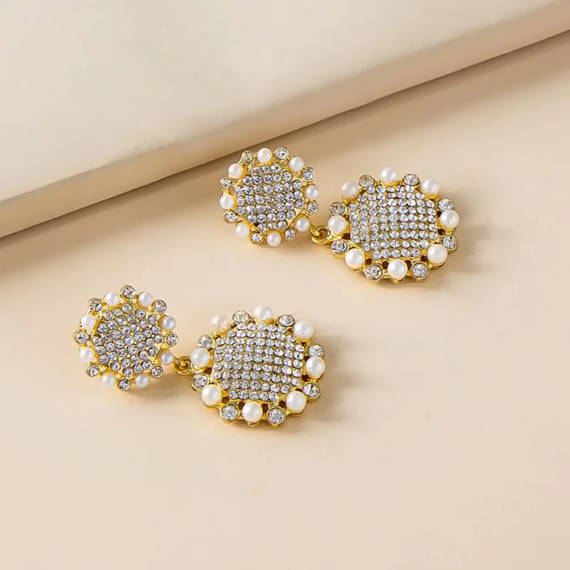 2021 fashion new full diamond pearl double round stud earrings Internet celebrity jewelry earrings Source earrings