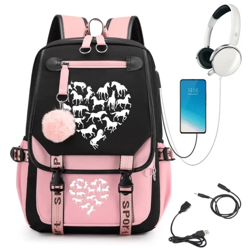 Horse Heart Anime tornister dla dziewczynek duży plecak studencki plecak dla uczniów szkół średnich torby plecak kreskówkowy Usb Bookbags