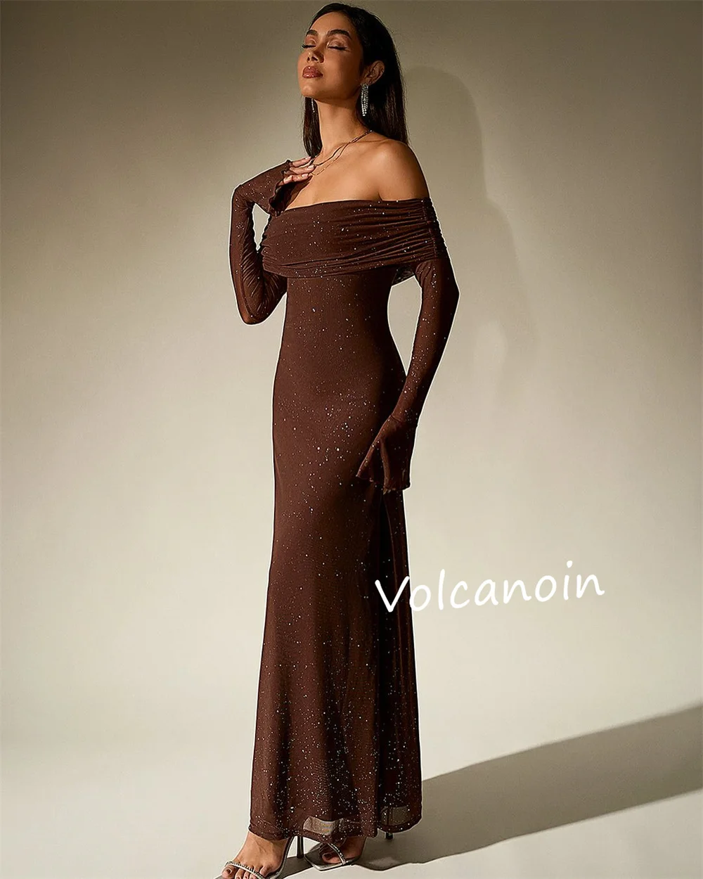 Customized Sequined Pleat A-line Off-the-shoulder Midi Dresses Bespoke Occasion Evening Party Elegant Simple Sparkle