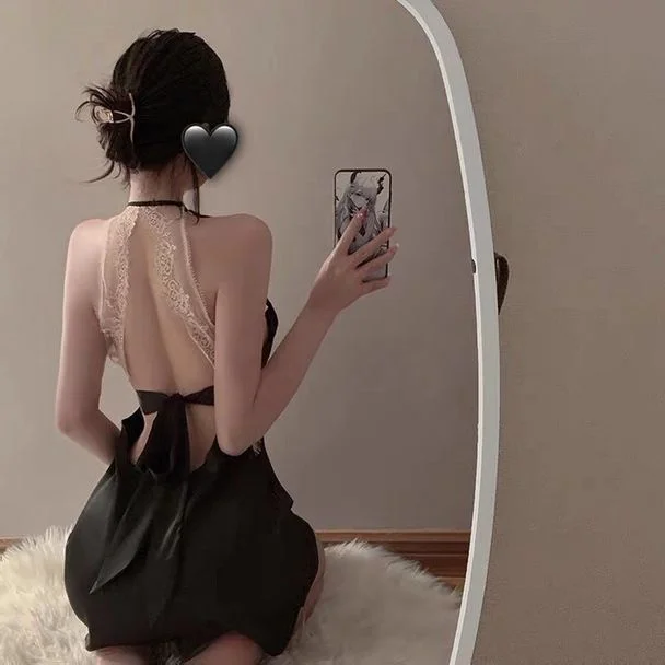 Sensual Lace Backless Strap Nightgown Sweet And Spicy Style Women's Sleepwear Short Skirt V-neck Pure Color Home Clothes