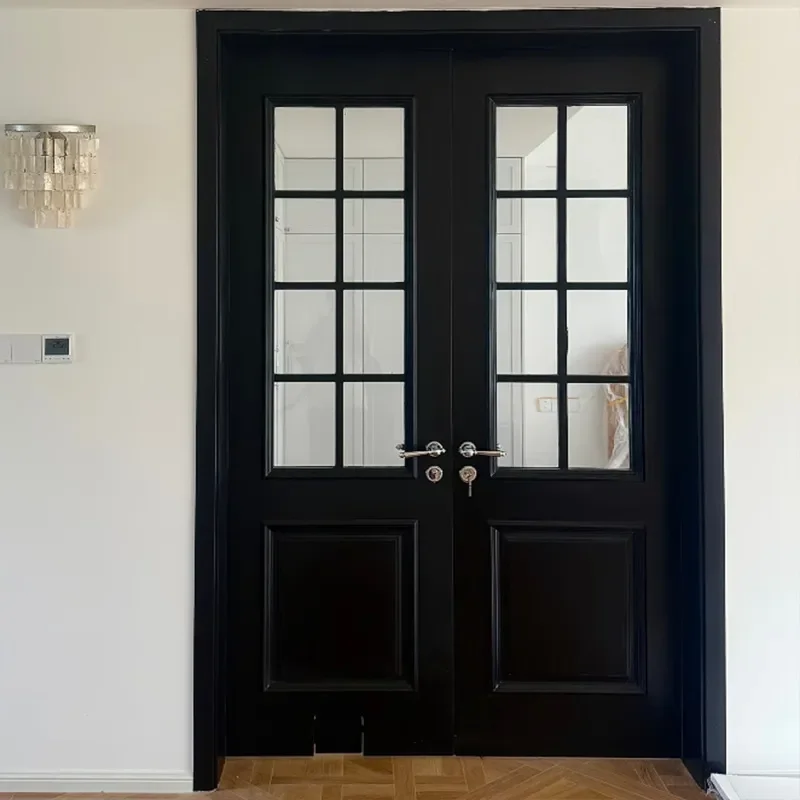 French Style Solid Wood Door with Arched Glass Retro Interior Door for Living Room Bedroom European Design Wholesale