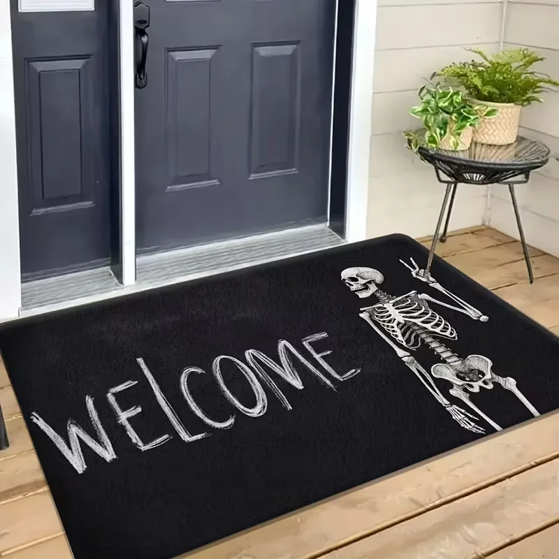 Skull Skeleton Welcome Carpet Front Door Mat Gothic Horror Style Pattern Entry Rug for Halloween Indoor Outdoor Entrance Home
