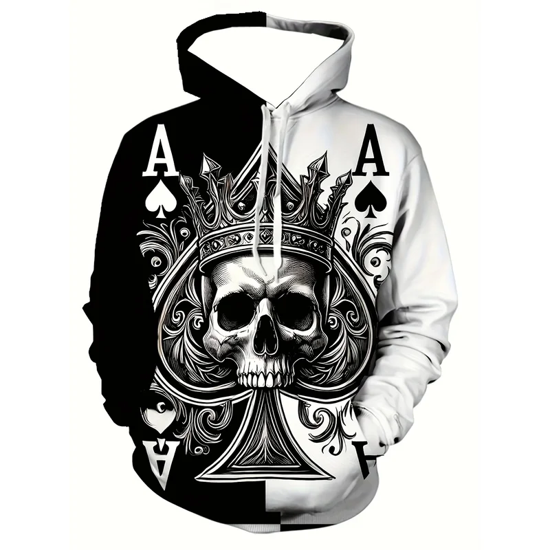 3DMen's Skull Poker Pattern Long Sleeve Casual Hoodie Fashionable Sports Daily Spring and Autumn Sweatshirt
