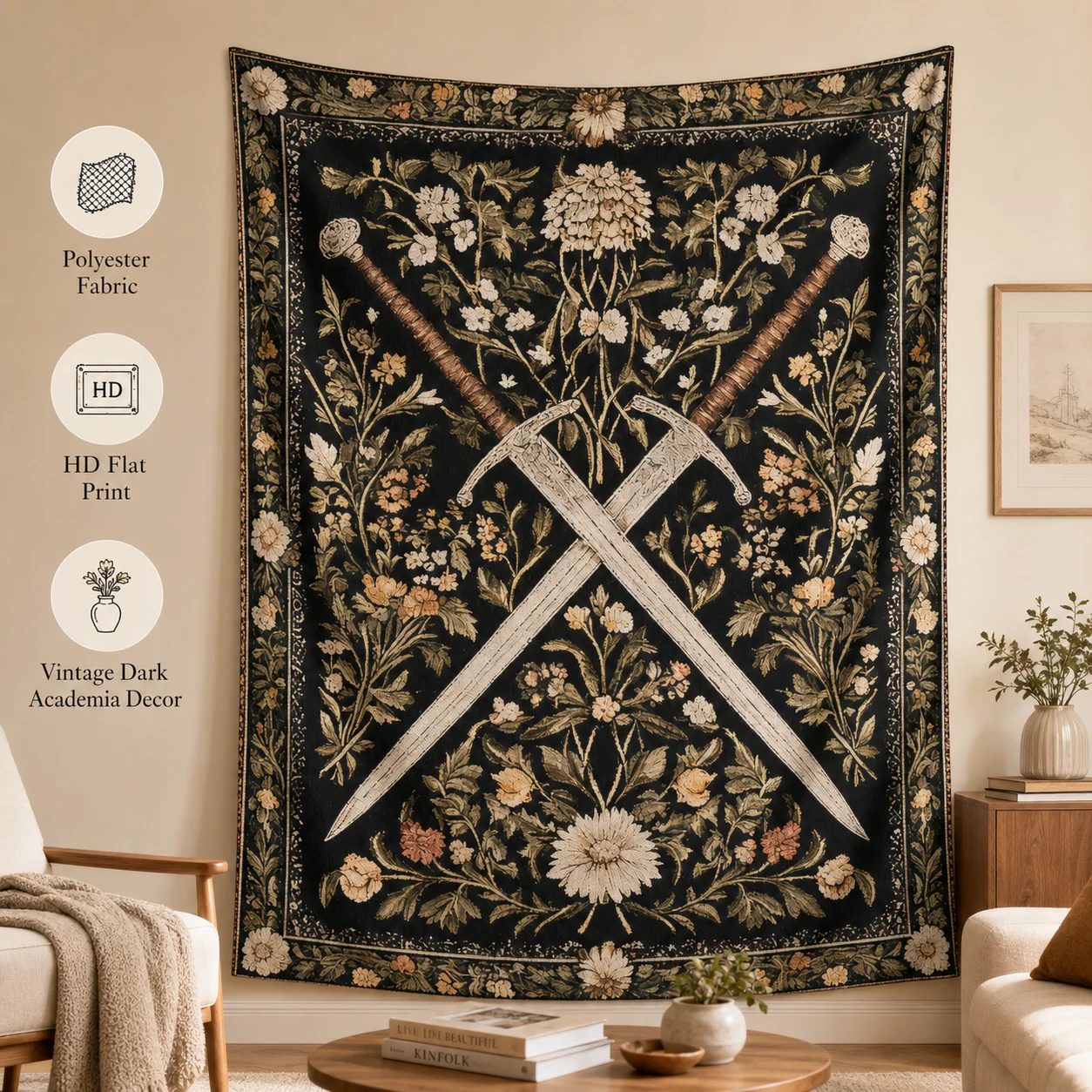 Vintage Crossed Swords Floral Tapestry Medieval Knight Style Flat Print Wall Hanging for Living Room Dark Academia Decor