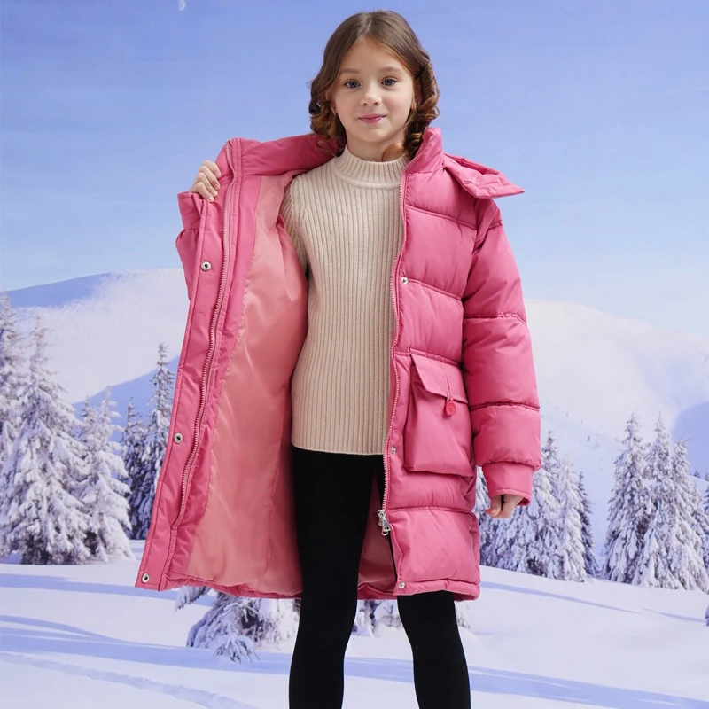 123  Winter Girls Jacket Long Solid Color Thick Keep Warm Hooded Windbreak Coat For Girls Fashion Snowsuit 4 5 6 8 10 12 14Years