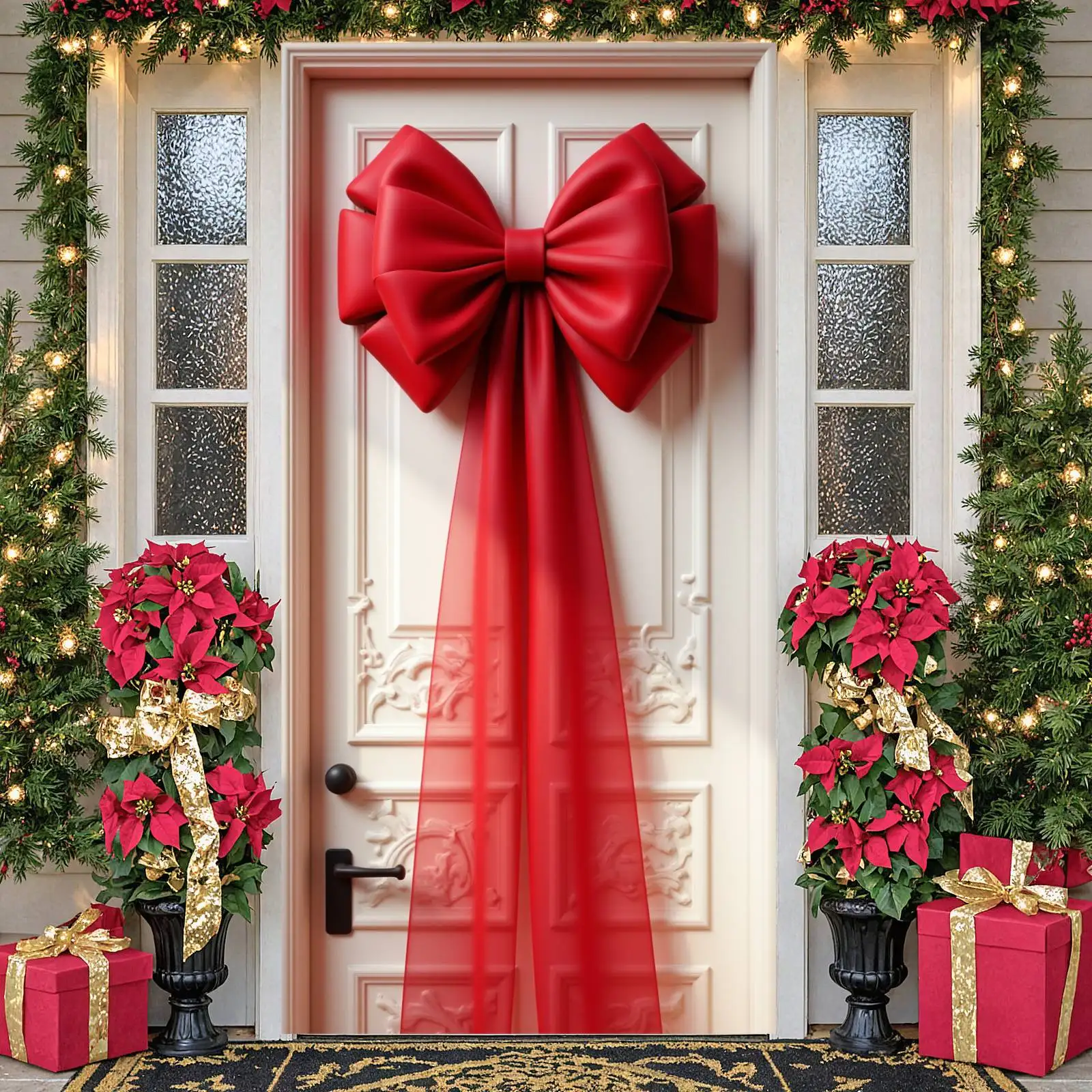 Red Decorative Bow Banner Large Size Christmas Door Display Bow Shape Satin Bow Door for Christmas Decoration New Year Party Wed