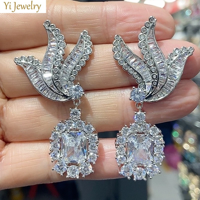 

shiny silver color Zircon Earrings for women Luxury Jewelry Pink Red Block Drop leaf Earrings Wedding Bridal Evening Party