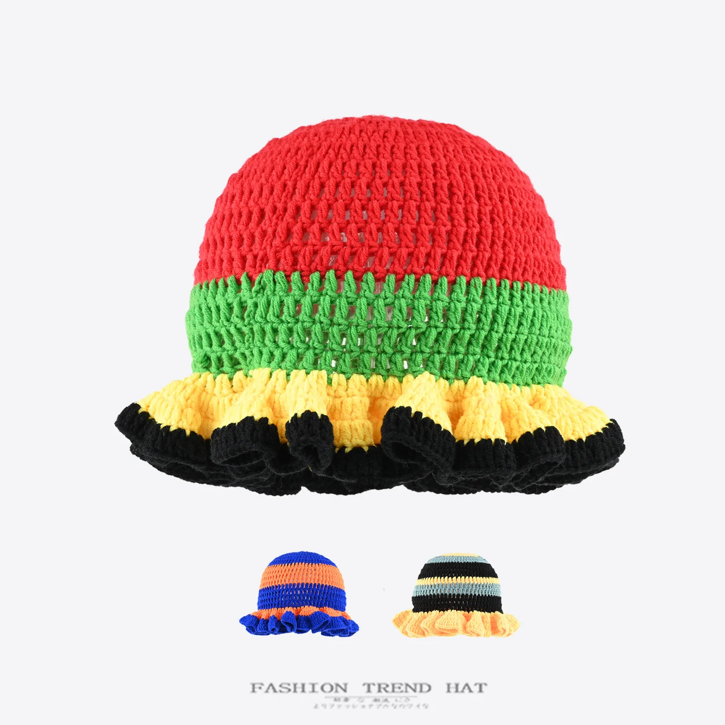 

Hand Crocheted Ruffle Edge Knitted Hat Women Autumn Winter Warm Ear Protector Basin Hat Colored Ruffled Wool Bucket Hat