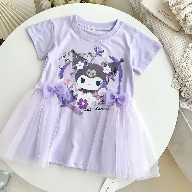 

Sanrio hello kitty girl kuromi short sleeve T-shirt dress summer cute cartoon hot diamond sparkle gauze princess skirt children