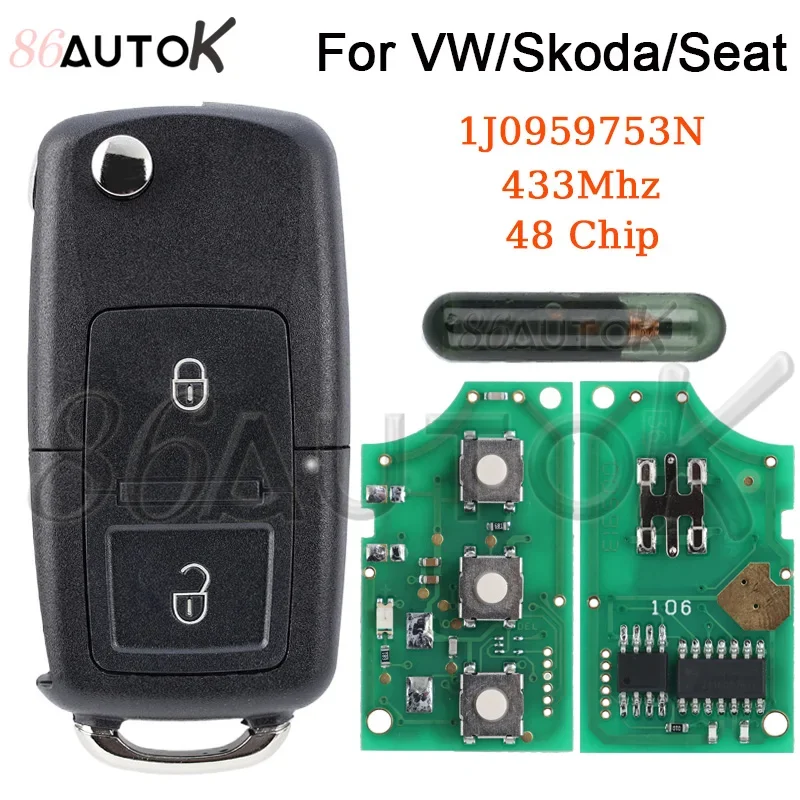 Remote Key for VW VOLKSWAGEN Golf Beetle Bora SEAT Toledo SKODA Octavia 1J0959753N ID48 Chip 433Mhz Blade HU66 Car Flip Key Case