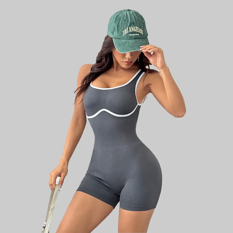 

Бесшовный комплект для йоги и бега с ребристой отделкой, женский, с цветовыми блоками, комбинезон для фитнеса с высокой поддержкой, облегающий, с открытой спиной, для тренировок в зале