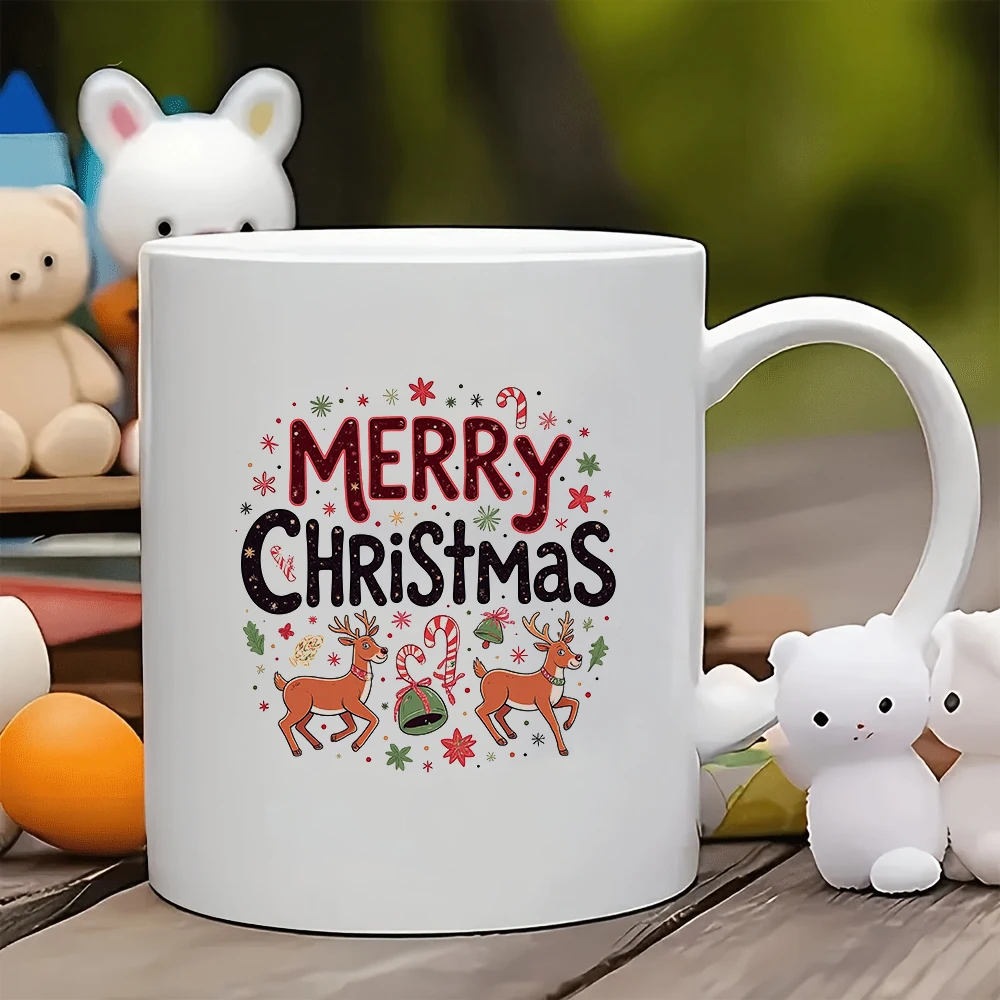 

11oz Christmas Themed Mug + Holiday Reindeer + Candy Cane Bells Kids Gift Home Office Coffee Cup