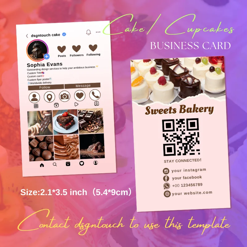 DsgnTouch Cake Bakery Instagram Business Card for Small Business Professional Social Media QR Code Card Maker Baker Chocolate