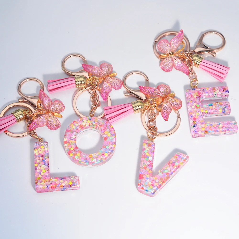 Cute Pink Star Sequin Filled Letter Keychains Butterfly Initial Charms Keyring With Tassel For Girl Wallet Purses Backpack Decor