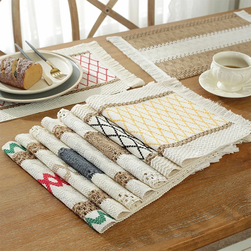 Bohemian Cotton Linen Macrame Table Mat Tassels Colorblocking Weave Placemats Table Coaster for Wedding Dining Party Home Decor