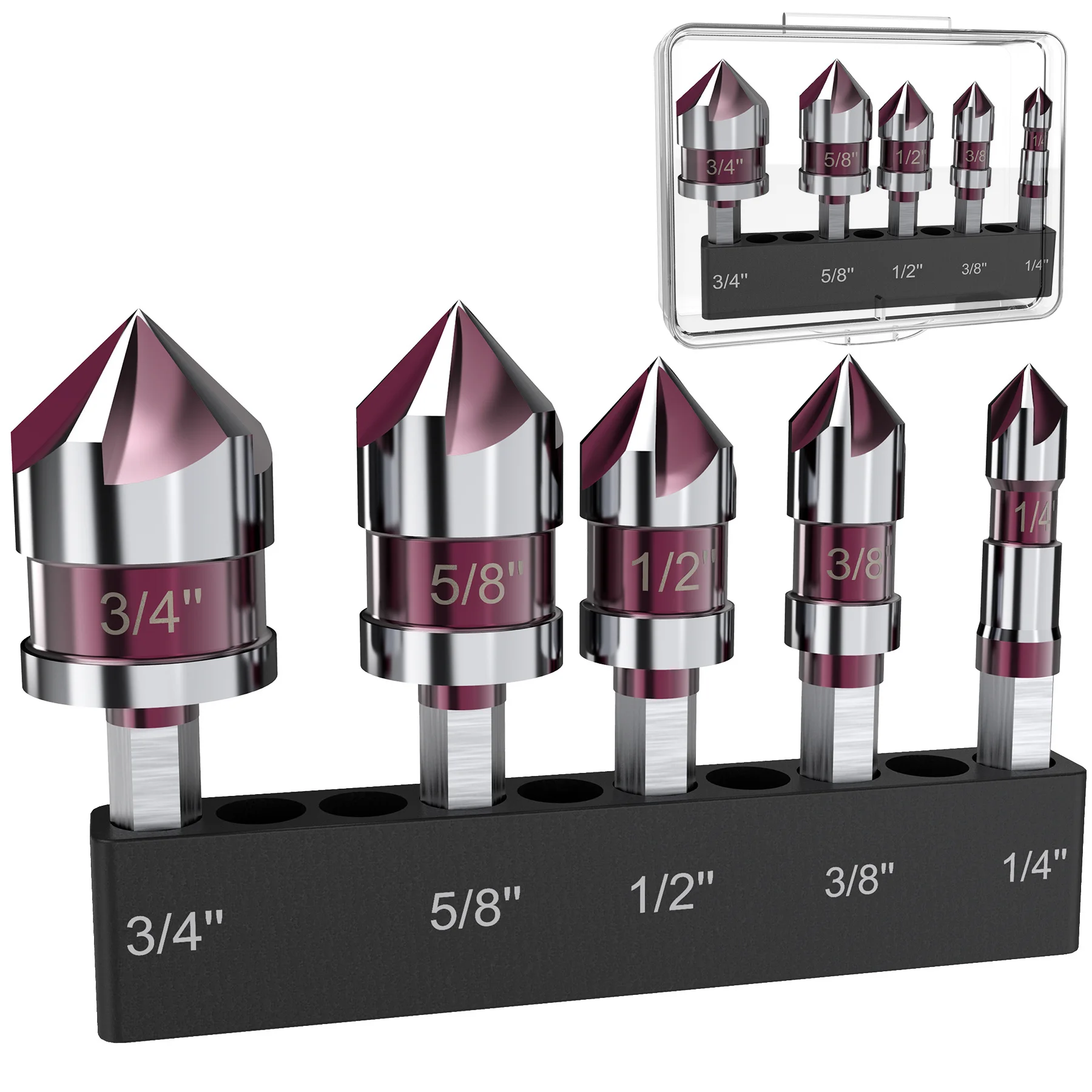 

5 Flute Metal M35 Cobalt Countersink Drill Bit Set 82° 5pcs 1/4" Hex Shank Countersunk Bit Set 1/4” 3/8” 1/2” 5/8 With Holder