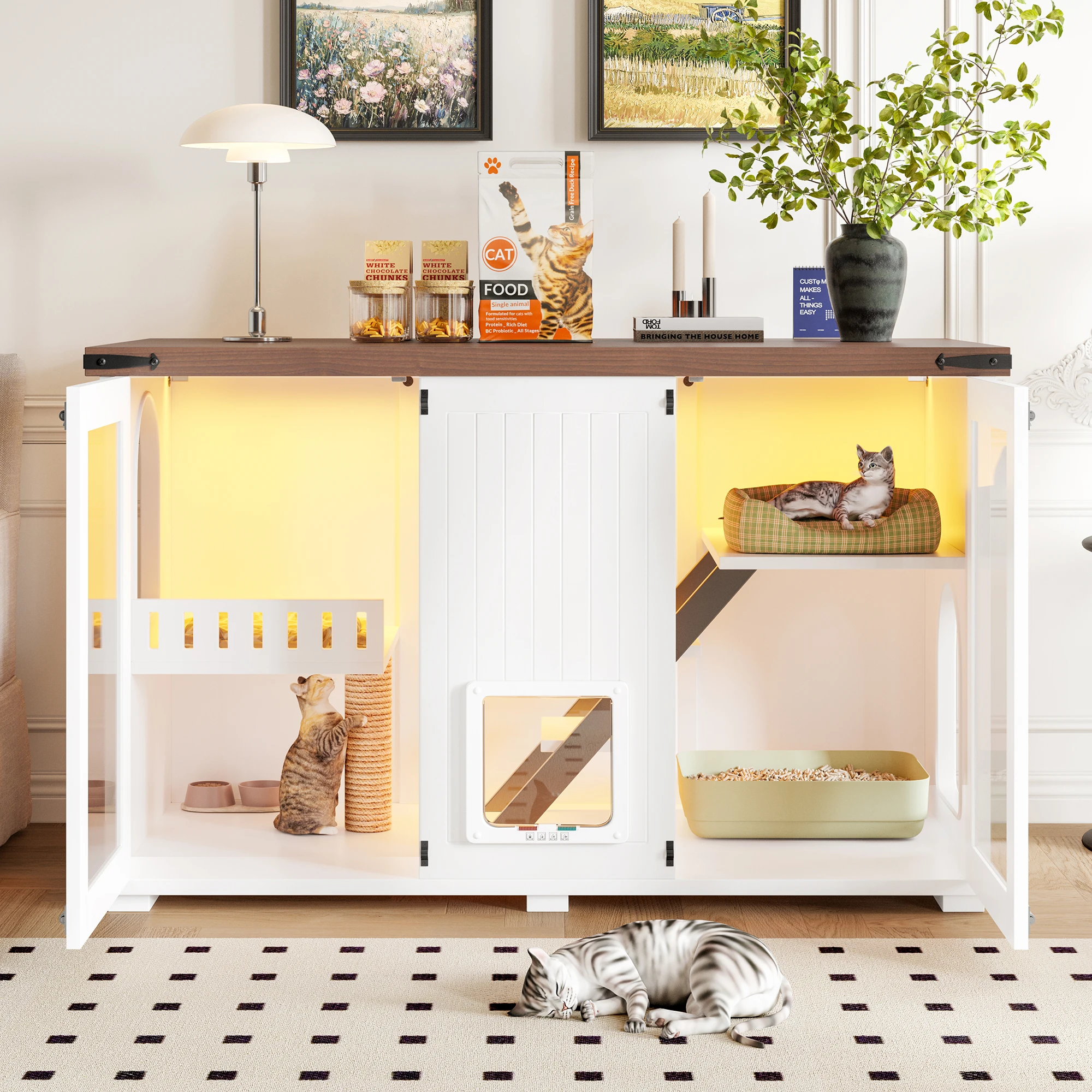 White Large Cat Litter Box Enclosure LED Light Hidden Cat House Furniture Stairs Scratching Post Smart Locking Door Waterproof
